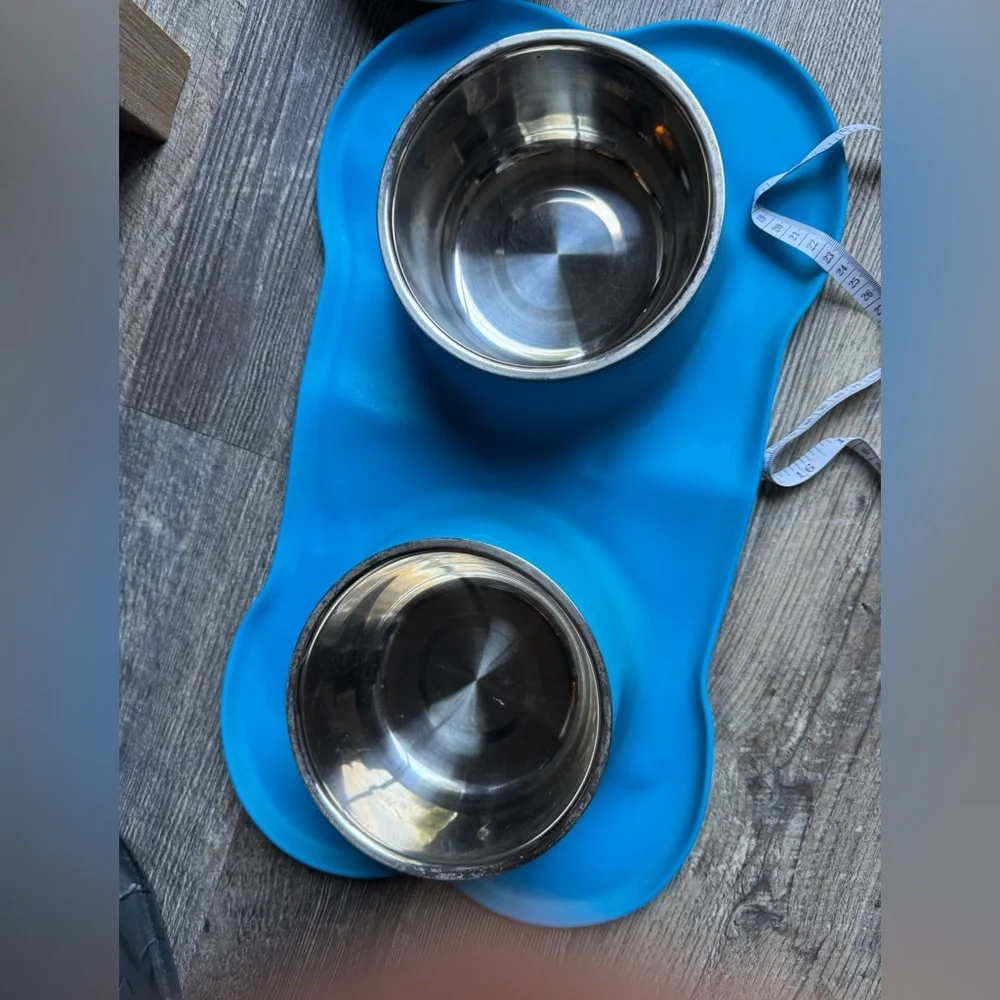 Blue Silicone Pet Feeding Mat with Bowls